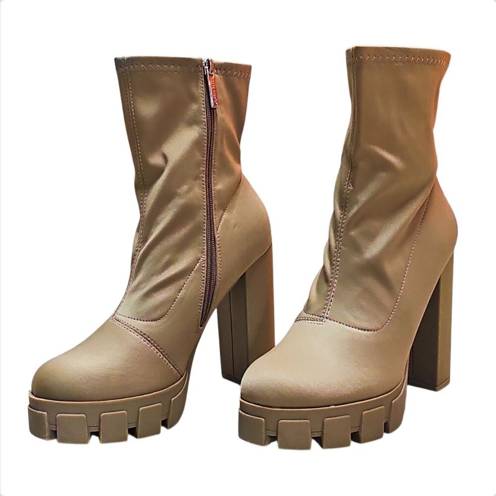 Chunky Platform Block Heel Ankle Boots With Side Zipper In Taupe Satin Material - Picture 3 of 10